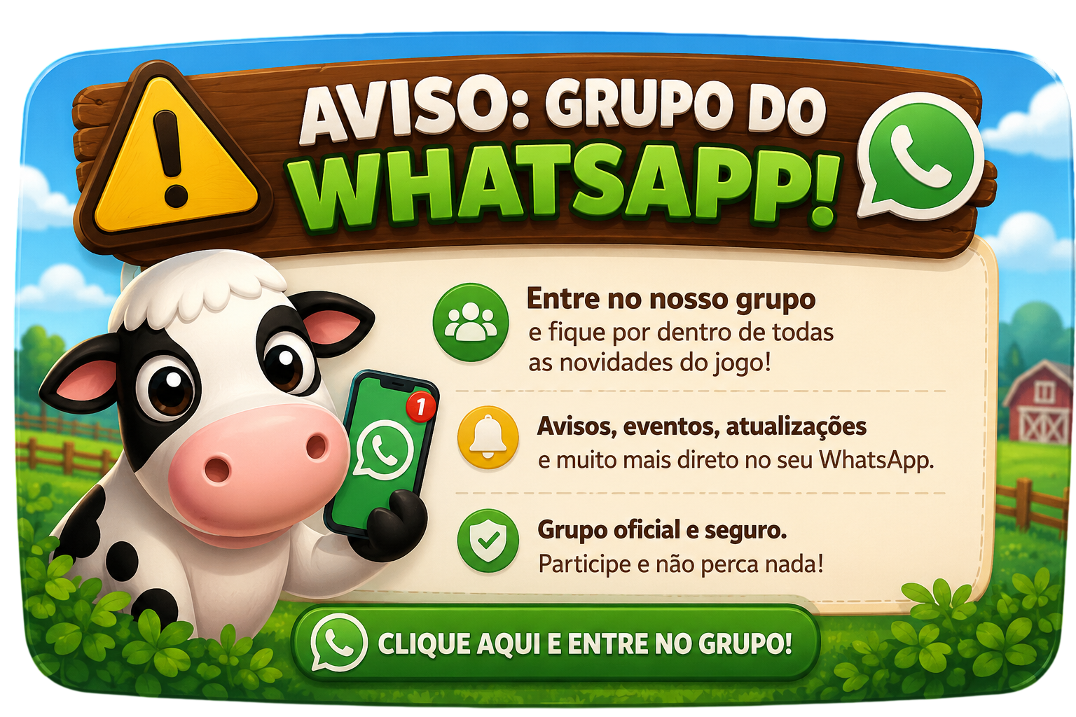 Aviso: grupo do WhatsApp. Clique aqui e entre no grupo.